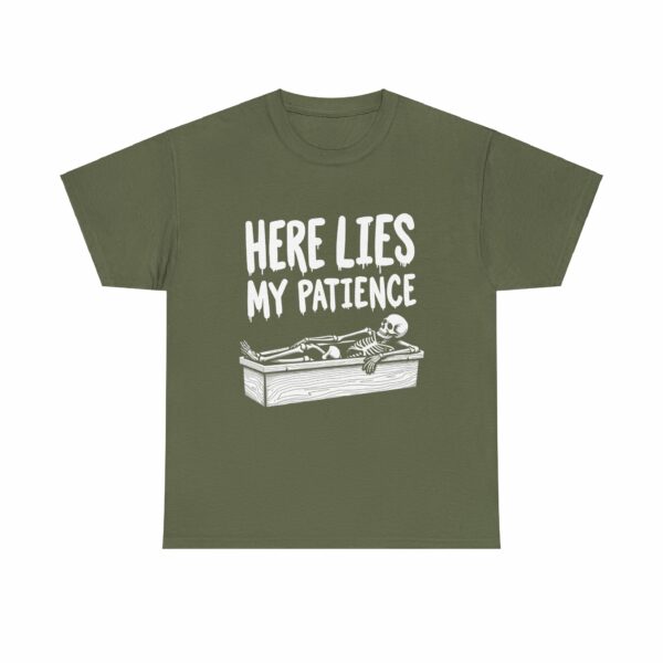 Here Lies My Patience - Goth Skeleton Coffin Art Dark Horror Funny RIP Design Unisex Heavy Cotton Tee - Image 11